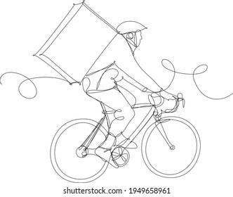 The cyclist delivers the food with the backpack behind his back. Courier on bicycle delivering food. Concept of new professions in pandemic. Single continuous line drawing.