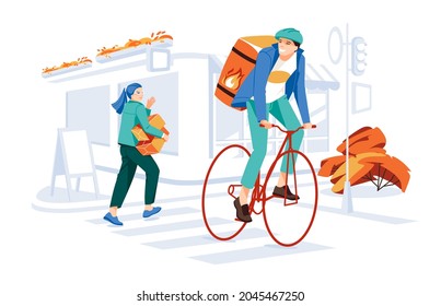 cyclist delivery guy give some boxes tom young woman on the old city street with showcases of cafe and shops. Cartoon flat vector illustration. Isolated on white background
