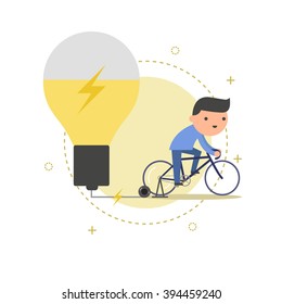 Cyclist develops the power of ideas with the help of an electric light bulb. Business concept.
