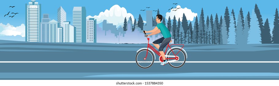 cyclist driving on the road, urban and countryside landscape in background, panoramic vector