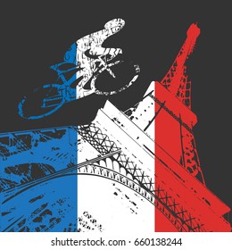 Cyclist and Eiffel tower silhouette in France flag colors