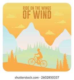 A cyclist enjoying a scenic ride during a  sunrise in the mountains,  representing adventure, freedom, and connection with nature. Motivational concept. Flat vector illustration
