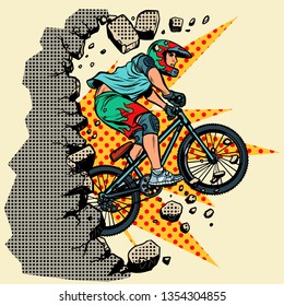 cyclist extreme sports wall breaks. Moving forward, personal development. Pop art retro vector illustration vintage kitsch