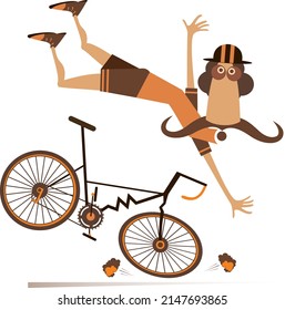 Cyclist Falling Down From The Bicycle Illustration. 
Funny Long Mustache Man Falling Down From The Broken Bicycle Isolated On White
