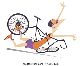 Cyclist Falling Down From The Bicycle Isolated Illustration. Cyclist Falling Down From The Broken Bicycle Isolated On White Illustration 
