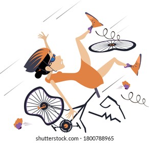 Ciclistas cayendo de la bicicleta ilustraciones aisladas. Mujer ciclista cayendo de la bicicleta aislada en ilustración blanca