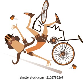 Cyclist Falling Down From The Bicycle Isolated Illustration. Funny Long Mustache Falling Down From The Broken Bicycle Isolated On White