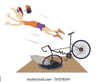 Cyclist falling down from the bicycle isolated. Cyclist man gets into a sewer manhole and falls down from the bicycle
