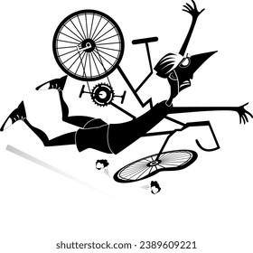 Cyclist falling down from the bicycle. 
Young man falling down from the bicycle. Black and white illustration
