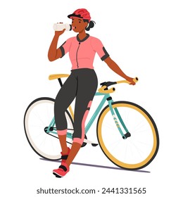 Personaje Femenino Ciclista Encaramado En El Cuadro De La Bicicleta, Saborea Un Momento De Descanso, Bebiendo Agua Fresca, Encarnando La Tranquilidad De Un Descanso Bien Ganado En Medio De Un Esfuerzo Atlético. Ilustración vectorial