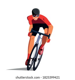 The cyclist at the finish line is fighting for the victory.  Final sprint front view. The athlete on the bike is finishing the race.  Vector flat design illustration.