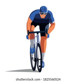 The cyclist at the finish line is fighting for the victory.  Final sprint front view. The athlete on the bike is finishing the race.  Vector flat design illustration.