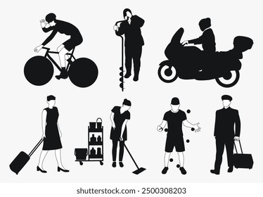 Cyclist, fisherman, motorcyclist, flight attendant, vacationer, cleaning lady, maid, juggler, pilot, people silhouette, professions and hobbies