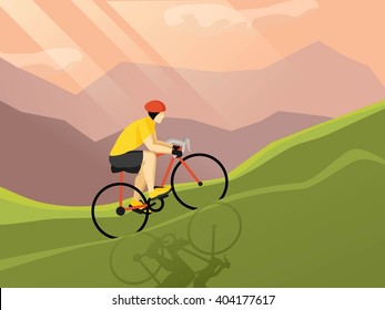 Cyclist flat figure poster riding up the mountain by landscape and flashing sunlights background vector illustration