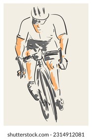 cyclist from front speeding ride road bike. dry brush fractal. cycling abstract vector illustration
