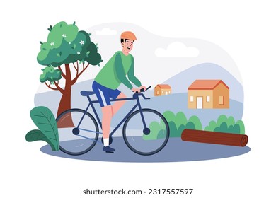 A cyclist goes for a bike ride in the countryside to appreciate the morning scenery.