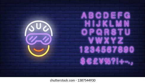 Cyclist head in helmet and glasses neon sign. Bicycling, fitness and sport concept. Advertisement design. Night bright colorful billboard, light banner. Vector illustration in neon style.