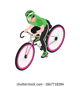 Cyclist in helmet riding fast bicycle 3d isometric vector illustration