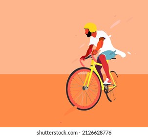 Cyclist in the helmet travel on mountain bike travel. Lifestyle flat vector illustration