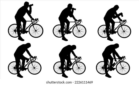 The cyclist holds a bottle of water in his hand. A guy thirsty for water on a bicycle drinks water from a bottle. A man stands next to a bicycle. View: bike, man - sideways. The guy with the bike.