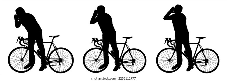 The cyclist holds on to the handlebars of the bicycle with one hand, the other hand near the face, calls for help, shouts into the distance, and bends forward with the body. Side view, profile.