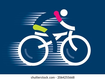 Cyclist icon, full speed. 
Abstract stylized cyclist with stripes on the blue background. Vector available.