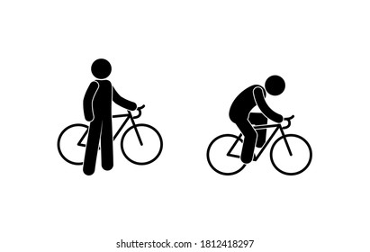 cyclist icon, stick figure pictogram set man rides a bicycle, isolated human silhouettes