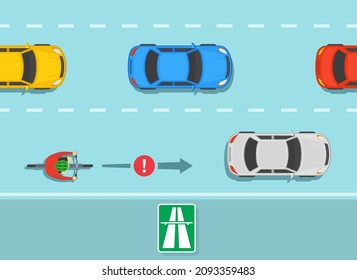 Cyclist ignoring road or traffic rule and riding his bike on expressway. Traffic rules on highway, speedway, motorway. Cycling is not allowed on motorway. Flat vector illustration template.