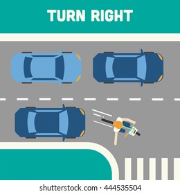 Cyclist making the right turn at the traffic sharing the road with cars.