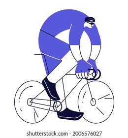 Cyclist male in a blue suit rushes on a bicycle isolated on white background. Sportsman in modern outline minimalist design. Flat Art Vector Illustration