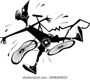 Cyclist man falling down from the bicycle. 
Cyclist man laying under the broken bicycle. Black and white illustration
