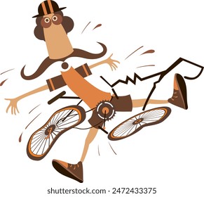 Cyclist man falling down from the bicycle. 
Cartoon long mustache cyclist man in helmet laying under the broken bicycle. Isolated on white background
