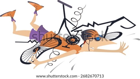 Cyclist man falling down from the bicycle. 
Cyclist man in helmet laying on the ground under the broken bicycle
