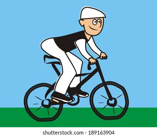 cyclist, man on bicycle, funny vector iillustration on blue background