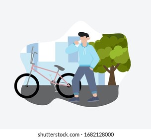 cyclist man resting while drinking in the city flat design illustration