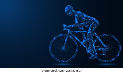 Cyclist. A man riding a bicycle. Polygonal construction of interconnected lines and points. Blue background.