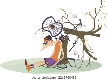 Un ciclista chocó contra un árbol. 
Molesto ciclista sentado cerca de la bicicleta rota. Aislado en ilustración blanca
