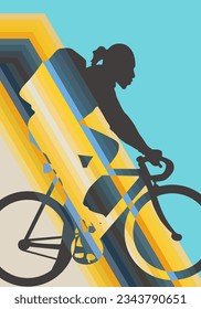 Cyclist man woman colorful silhouette vector illustration in motion. Yellow cycling design over blue background, ready copyspace cover poster art