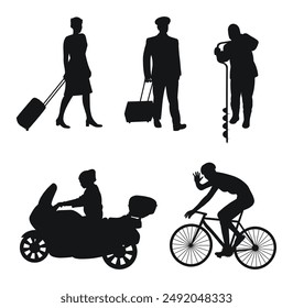 Radfahrer, Motorradfahrer, Fischer, Flugbegleiter, Pilot, Beruf, Hobby, schwarze Silhouette