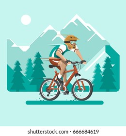 Cyclist in the mountains. Man dressed in sports clothes and helmet on the bicycle. Flat vector illustration in 3d style.