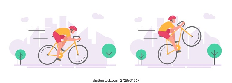 Ciclista movendo velocidade rápida na bicicleta esportiva no cenário urbano da cidade moderno simples vetor gráfico ilustração design, ciclista roda rodas dublê imagem clip art