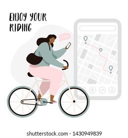 Cyclist navigation app with map and location pins. Tracking mobile application concept for cyclist. Woman cyclist enjoying the riding. Flat vector illustration.