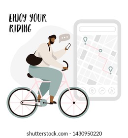 Cyclist navigation app with map and location pins. Tracking mobile application concept for cyclist. Man cyclist enjoying the riding. Flat vector illustration.