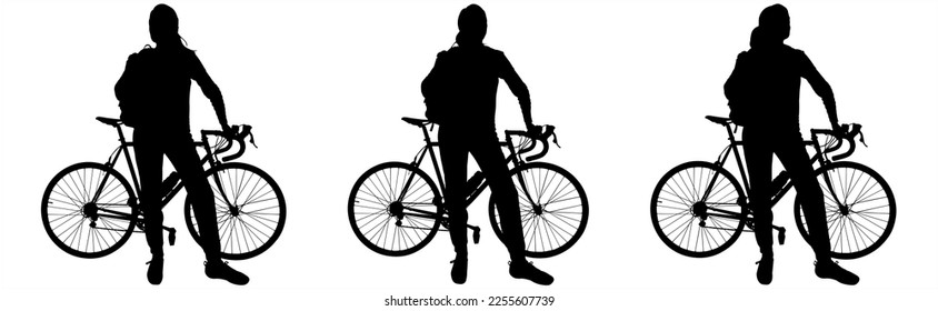 A cyclist near the bike looks around. Front view, full face, bike view: profile. A girl with a backpack on her back sits on the frame of her bike. Black female silhouette isolated on white background