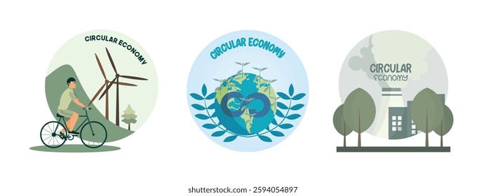 Cyclist  Near Wind Turbines and Green Hills. Represented with planting and recycling themes for global awareness. Sustainable development, coexistence between industry and environment. Set flat vector