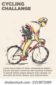 cyclist off saddle speeding. cycling challange event poster. distressed dry brush vector illustration