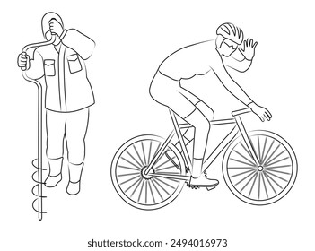 Cyclist on a bicycle, fisherman with ice auger, linear sketch silhouette