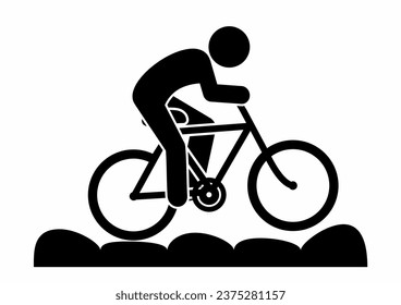 Cyclist on a bike, cycle path, track, obstacle course for mountain biking, black silhouette, vector icon, symbol on white background