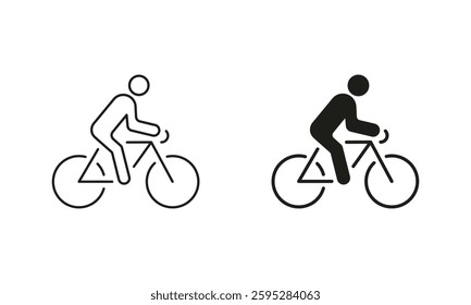 Cyclist on Bike Line and Silhouette Icon Set. Professional Rider on Cycle Sport Race Symbol. Editable Stroke. Isolated Vector Illustration.