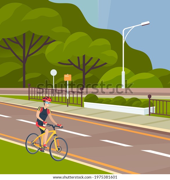Cyclist on bike rides on sidewalk. Landscape of\
urban city with male character rides bike. Cityscape with town\
roadway. Sportsman with transport on sidewalk. Road against\
background of modern\
park